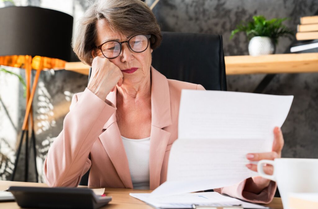 A business owner looking concerningly at their financial statement in need of debt solutions