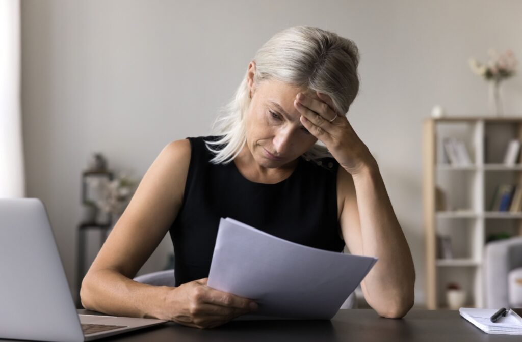A woman looking at a debt statement, with her hand on her forehand.
