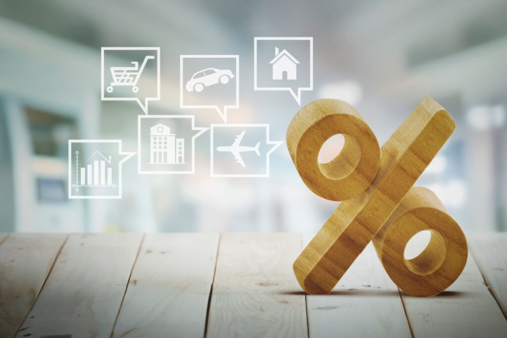 Concepts on bank loan interest rates, debt, credit and assets, with interest rate charts, financial planning, banking services and real estate market analysis for a modern financial picture.