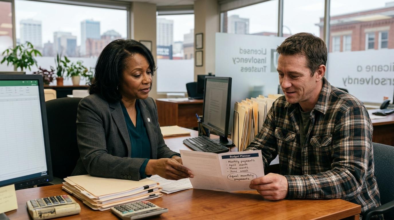 A Licensed Insolvency Trustee going through the consumer proposal process with a client.