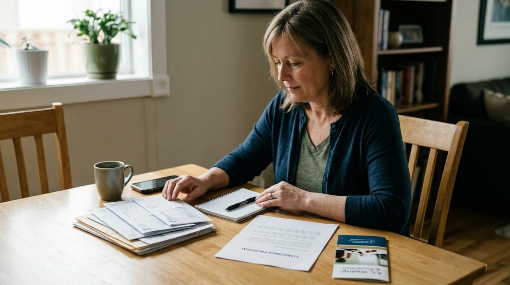 A person sitting at a kitchen table going through their bills.