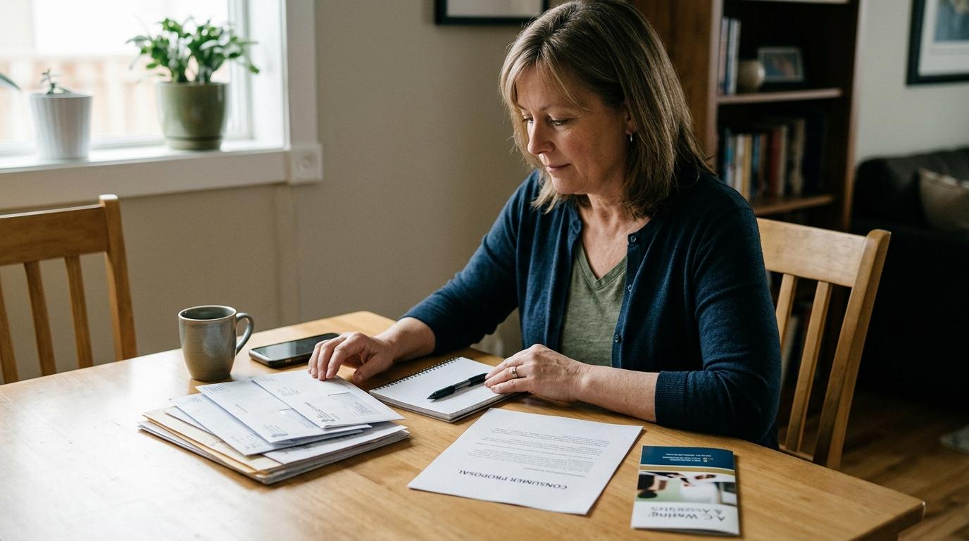 A person sitting at a kitchen table going through their bills.