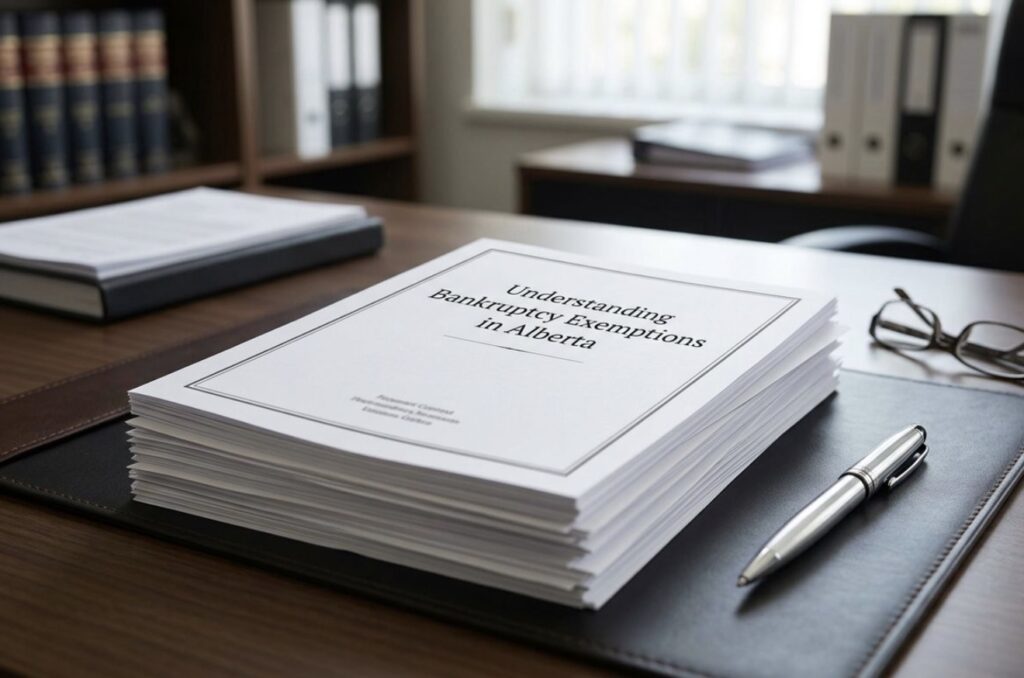 Stack of papers on a desk titled 'Understanding Bankruptcy Exemptions in Alberta' next to a pen and glasses in an office.