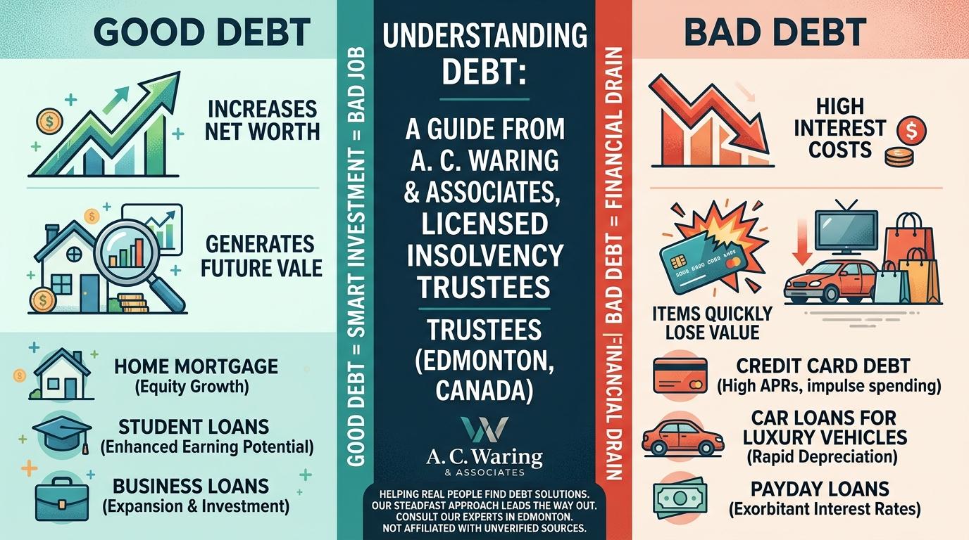 Financial chart contrasting good debt that builds net worth with bad debt liabilities that carry high interest rates.