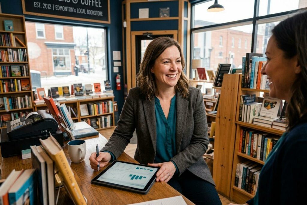 A smiling adult behind a bookstore counter holds a pen over a tablet with charts, looking at another person standing across from them.