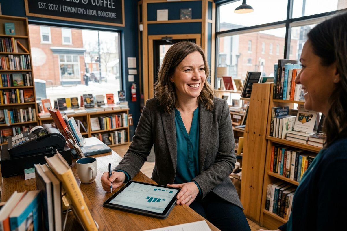 A smiling adult behind a bookstore counter holds a pen over a tablet with charts, looking at another person standing across from them.