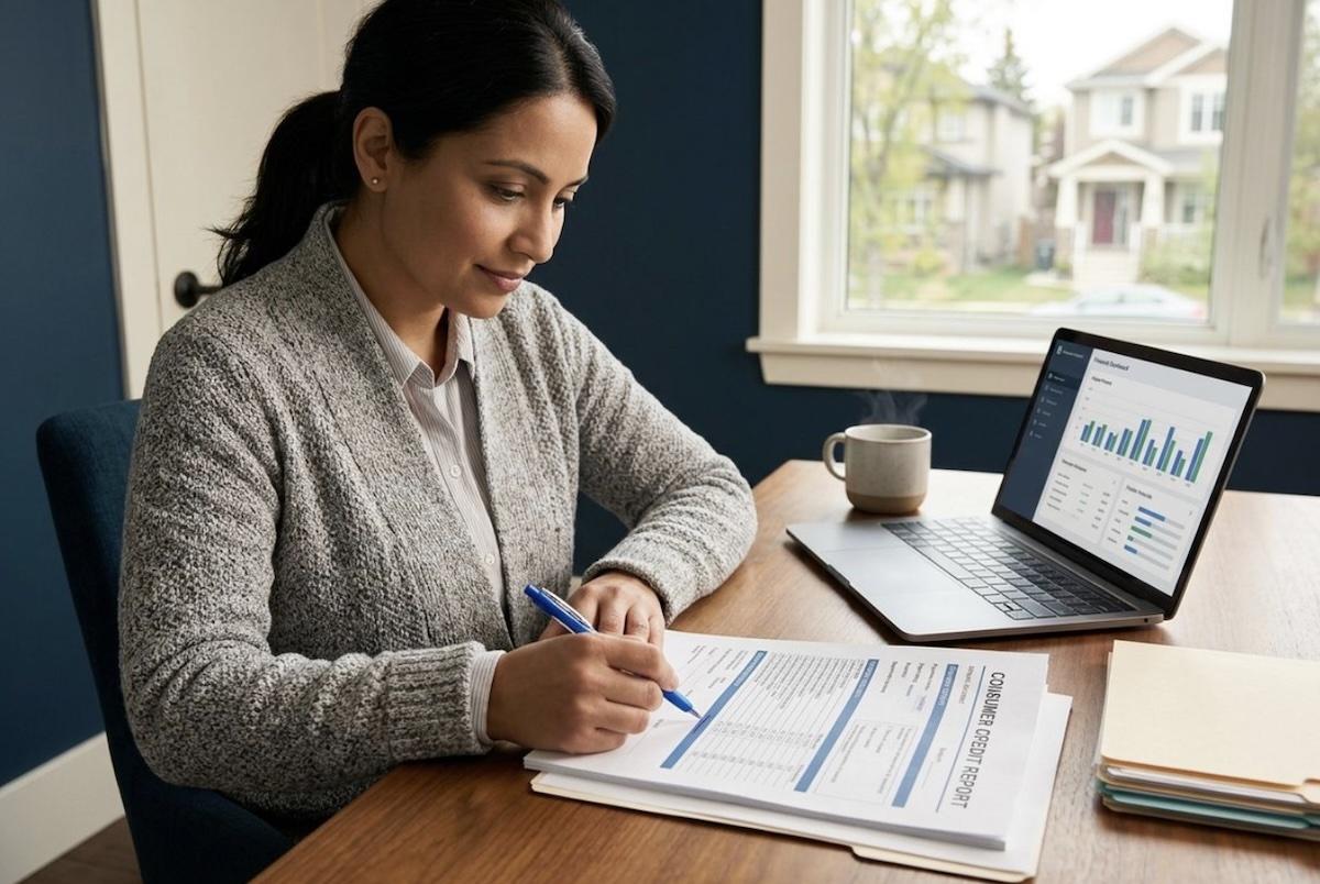 Focused adult at a desk writes on a Consumer Credit Report next to a laptop displaying charts and a steaming mug.