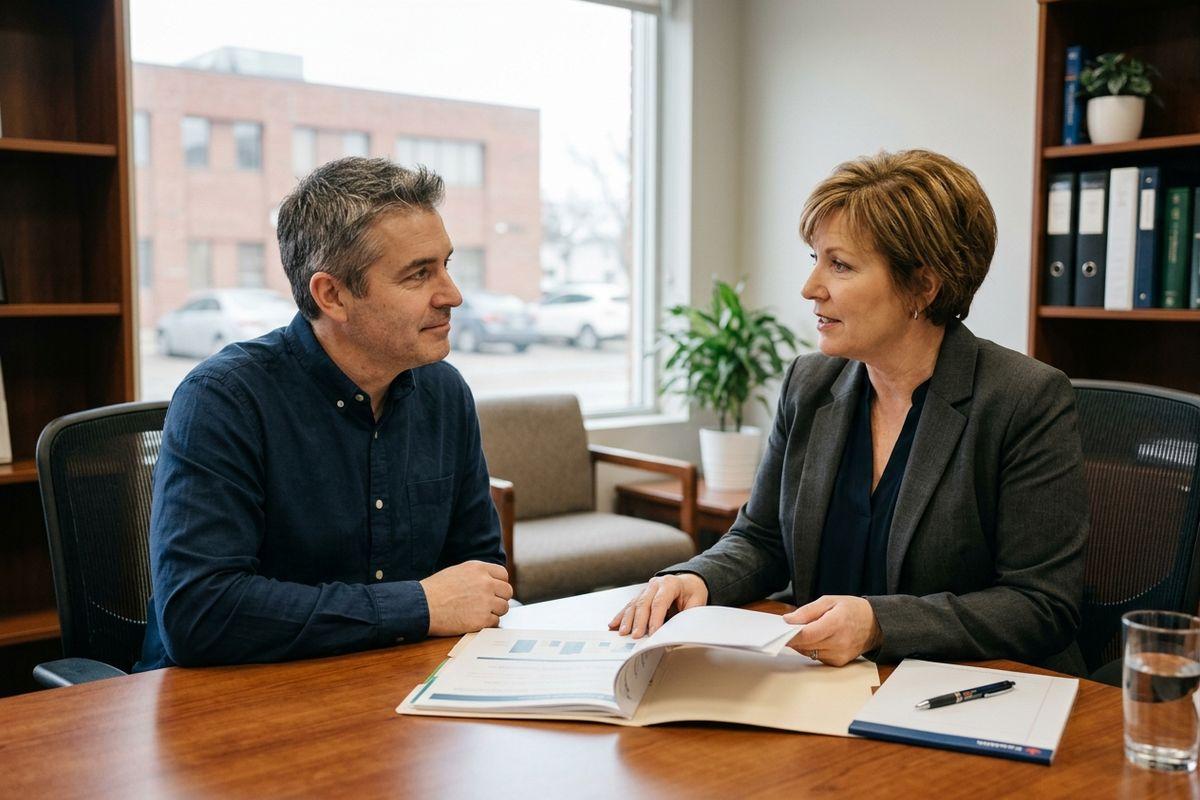 Two adults are sitting across a desk in an office, looking at each other and discussing an open document. One person is turning a page.