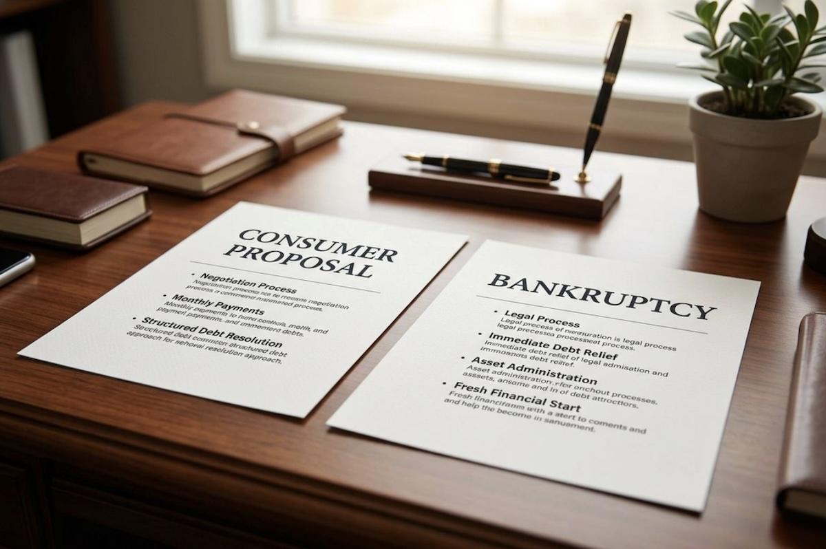 Two documents lying side-by-side on a wooden desk. The left page is titled
