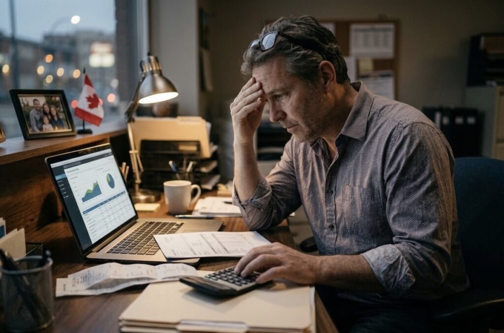 A struggling small business owner looking over their financials at a desk.